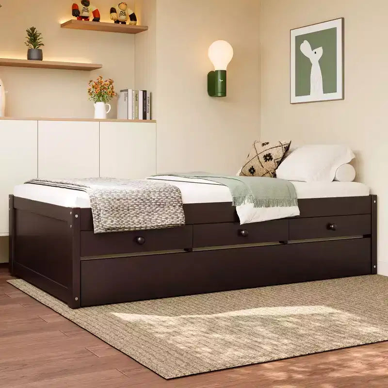 Lit plate-forme Bellemave avec lit gigogne et 2 tiroirs, cadre de lit plate-forme en bois massif avec multiprise pour chambres à coucher