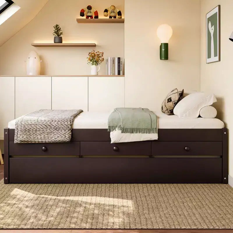 Lit plate-forme Bellemave avec lit gigogne et 2 tiroirs, cadre de lit plate-forme en bois massif avec multiprise pour chambres à coucher