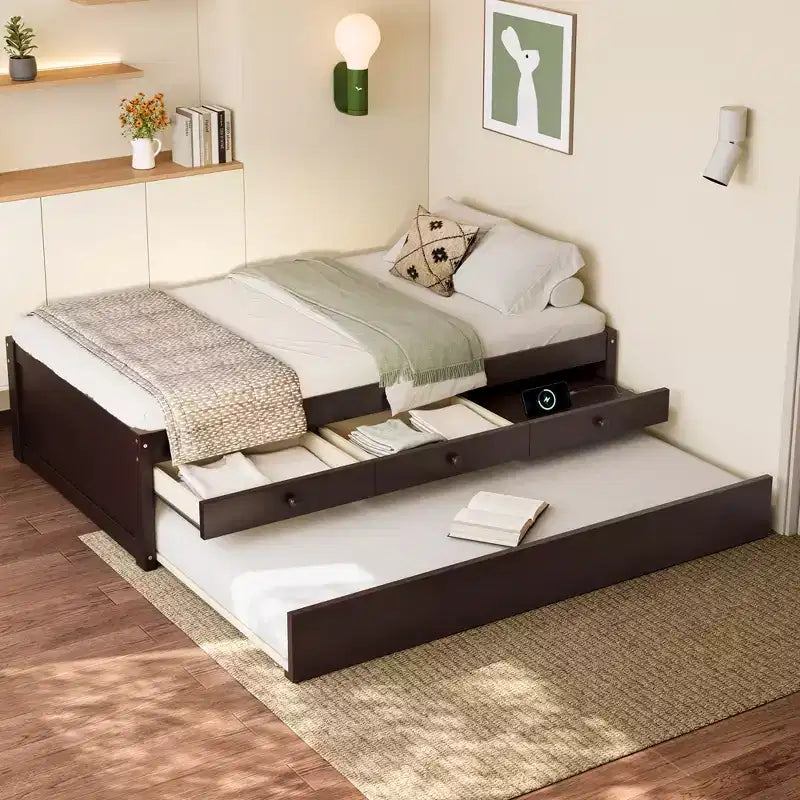 Lit plate-forme Bellemave avec lit gigogne et 2 tiroirs, cadre de lit plate-forme en bois massif avec multiprise pour chambres à coucher