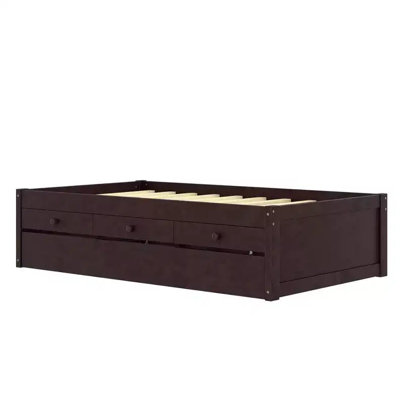 Lit plate-forme Bellemave avec lit gigogne et 2 tiroirs, cadre de lit plate-forme en bois massif avec multiprise pour chambres à coucher
