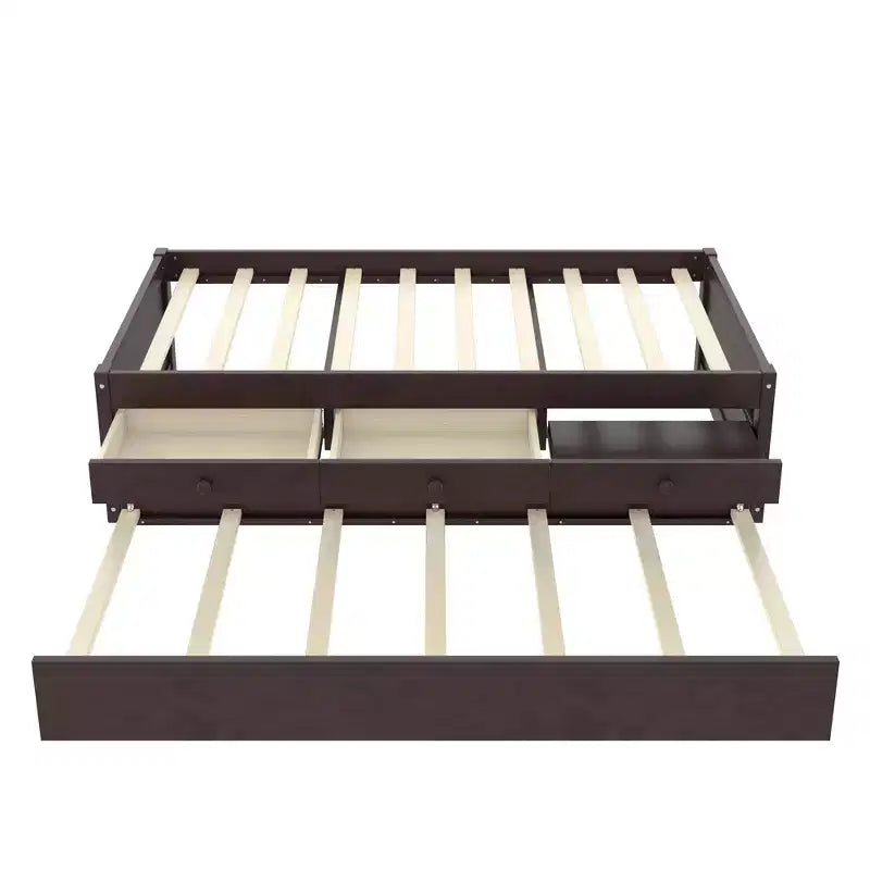Lit plate-forme Bellemave avec lit gigogne et 2 tiroirs, cadre de lit plate-forme en bois massif avec multiprise pour chambres à coucher