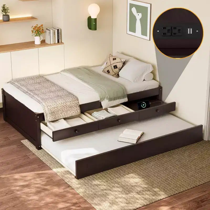 Bellemave Platform Bed with Trundle and 2 Drawers,Solid Wood Platform Beds Frame with Power Strip for Bedrooms