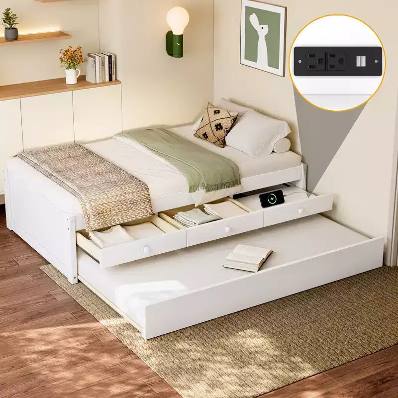 Lit plate-forme Bellemave avec lit gigogne et 2 tiroirs, cadre de lit plate-forme en bois massif avec multiprise pour chambres à coucher