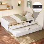 Lit plate-forme Bellemave avec lit gigogne et 2 tiroirs, cadre de lit plate-forme en bois massif avec multiprise pour chambres à coucher