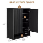 Meuble à Chaussures, Meuble d'Entrée Lot de 2 Armoires Hautes 63 cm Noires en Bois Porte Grillagée Cannelée Étagères Réglables Contient 50 à 60 Paires
