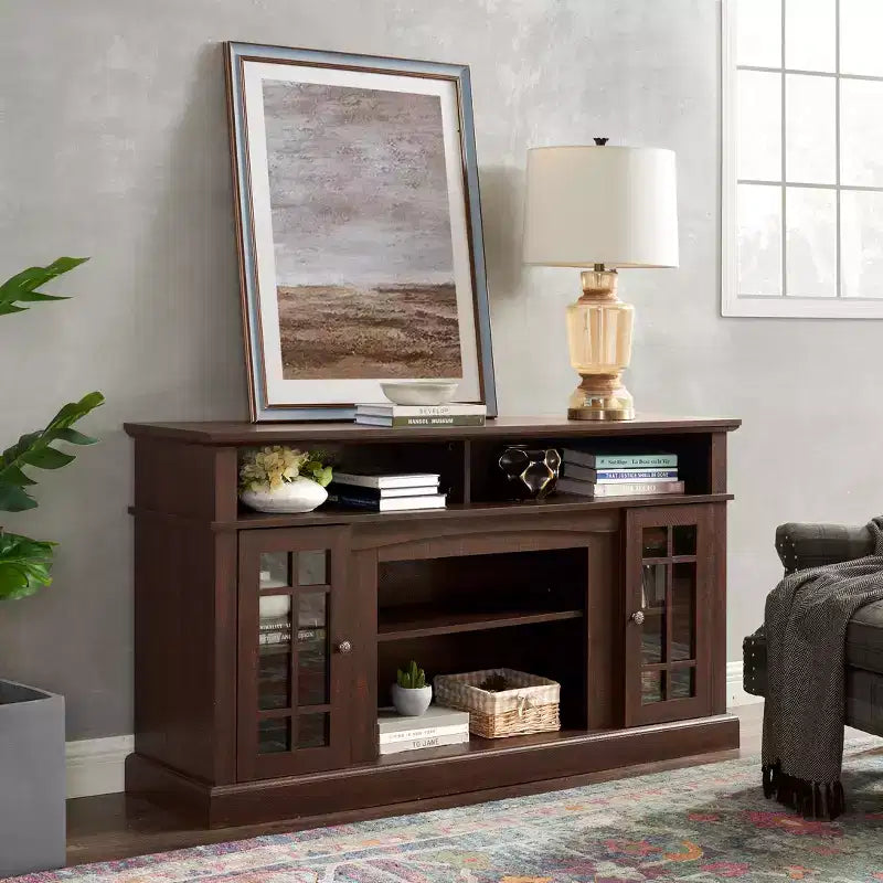 Meuble TV classique avec grand rangement et portes vitrées, meuble média avec espace de rangement ouvert pour salon