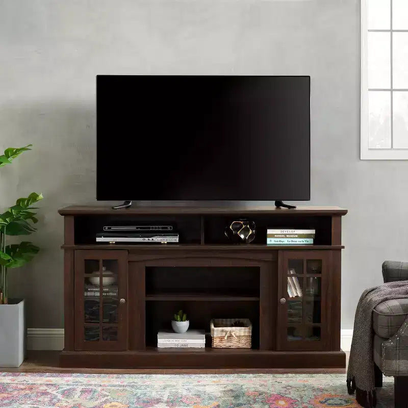 Meuble TV classique avec grand rangement et portes vitrées, meuble média avec espace de rangement ouvert pour salon