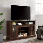 Meuble TV classique avec grand rangement et portes vitrées, meuble média avec espace de rangement ouvert pour salon