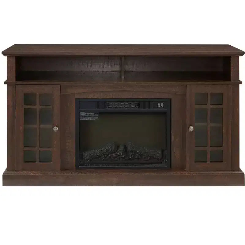 Meuble TV classique avec grand rangement et portes vitrées, meuble média avec espace de rangement ouvert pour salon