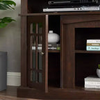 Meuble TV classique avec grand rangement et portes vitrées, meuble média avec espace de rangement ouvert pour salon
