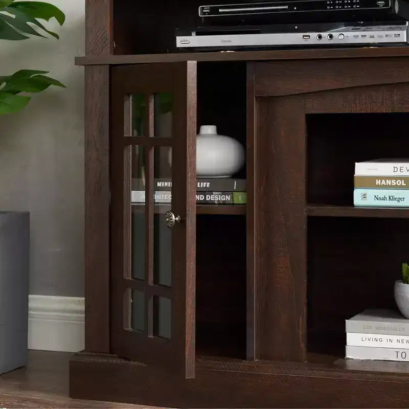 Meuble TV classique avec grand rangement et portes vitrées, meuble média avec espace de rangement ouvert pour salon