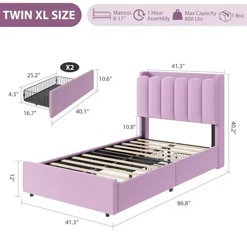 Cadre de lit double avec 2 tiroirs, lit de rangement avec tête de lit ondulée, lit plateforme rembourré pour filles, pas besoin de sommier tapissier, rose foncé