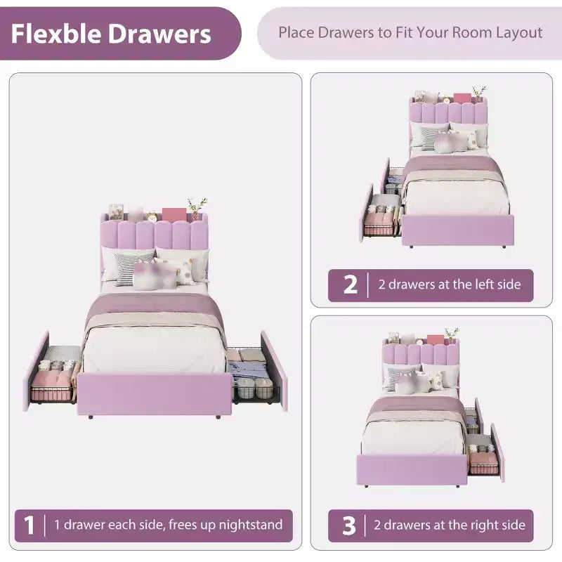 Cadre de lit double avec 2 tiroirs, lit de rangement avec tête de lit ondulée, lit plateforme rembourré pour filles, pas besoin de sommier tapissier, rose foncé