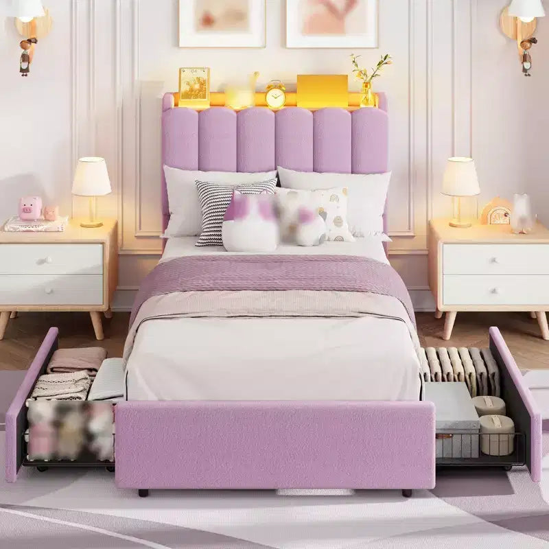 Cadre de lit double avec 2 tiroirs, lit de rangement avec tête de lit ondulée, lit plateforme rembourré pour filles, pas besoin de sommier tapissier, rose foncé