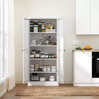 Armoire de rangement de garde-manger en acier blanc à 5 niveaux avec 2 portes et 4 étagères réglables, armoire utilitaire autoportante robuste en métal