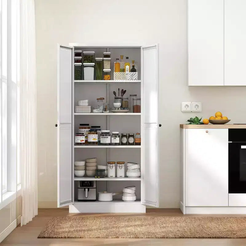 Armoire de rangement de garde-manger en acier blanc à 5 niveaux avec 2 portes et 4 étagères réglables, armoire utilitaire autoportante robuste en métal
