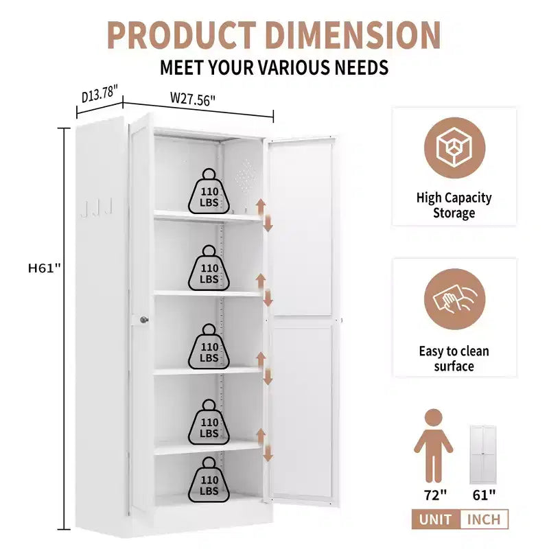 Armoire de rangement de garde-manger en acier blanc à 5 niveaux avec 2 portes et 4 étagères réglables, armoire utilitaire autoportante robuste en métal