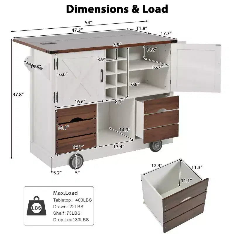 Desserte de cuisine roulante 54 Farmhouse avec abattant, îlot de rangement de cuisine mobile avec grandes roues pour cuisine ou salle à manger-Panipeachy
