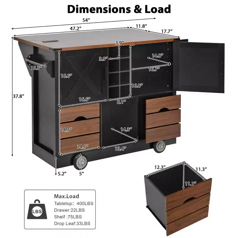 Desserte de cuisine roulante 54 Farmhouse avec abattant, îlot de rangement de cuisine mobile avec grandes roues pour cuisine ou salle à manger-Panipeachy