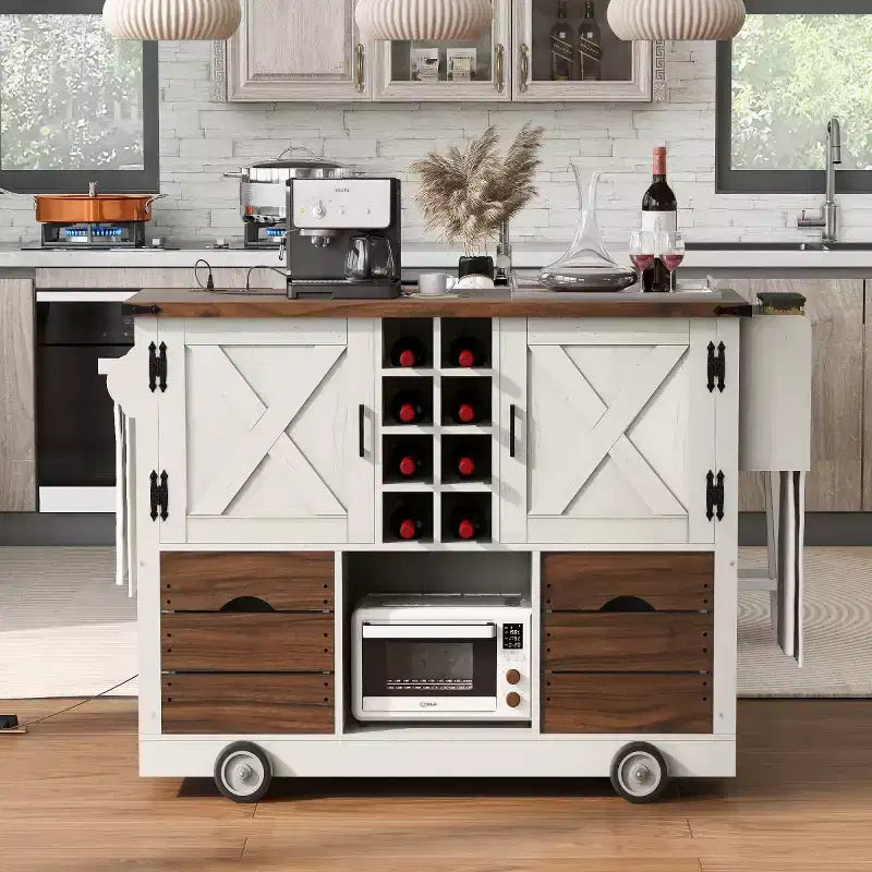 Desserte de cuisine roulante 54 Farmhouse avec abattant, îlot de rangement de cuisine mobile avec grandes roues pour cuisine ou salle à manger-Panipeachy