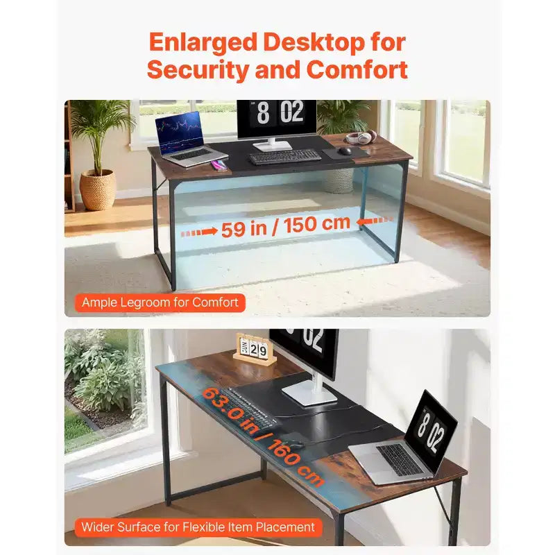 Bureau d'ordinateur VEVOR, bureau de jeu de 160 cm pour bureau à domicile, table d'étude moderne et simple avec cadre métallique pour un grand espace pour les jambes, marron + noir
