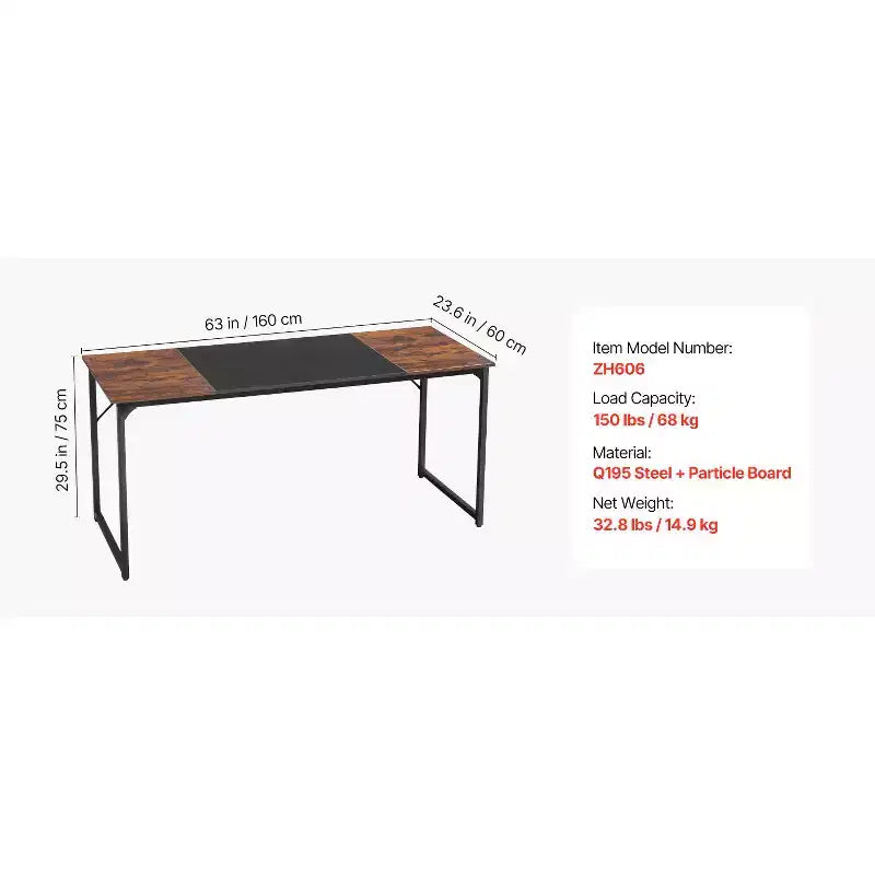 Bureau d'ordinateur VEVOR, bureau de jeu de 160 cm pour bureau à domicile, table d'étude moderne et simple avec cadre métallique pour un grand espace pour les jambes, marron + noir