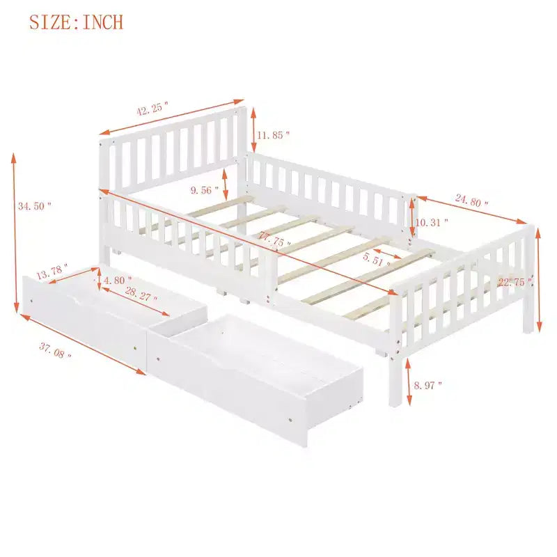 Lit plateforme MAYEERTY en bois, taille double, avec garde-corps des deux côtés et deux tiroirs de rangement, blanc