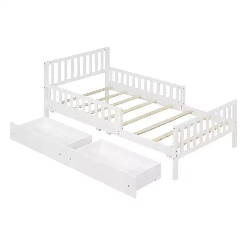 Lit plateforme MAYEERTY en bois, taille double, avec garde-corps des deux côtés et deux tiroirs de rangement, blanc