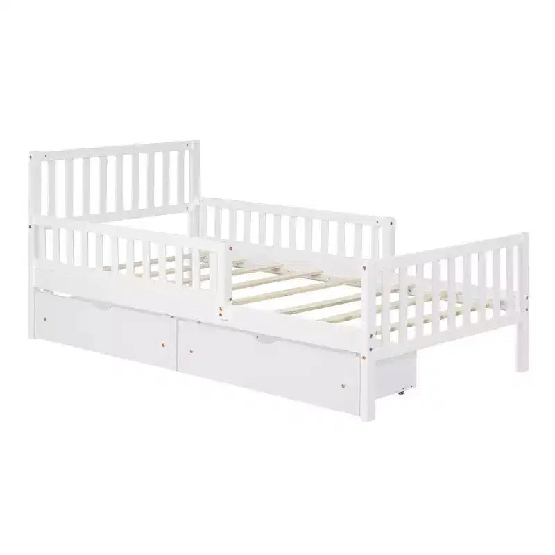 Lit plateforme MAYEERTY en bois, taille double, avec garde-corps des deux côtés et deux tiroirs de rangement, blanc