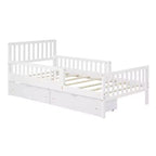 Lit plateforme MAYEERTY en bois, taille double, avec garde-corps des deux côtés et deux tiroirs de rangement, blanc