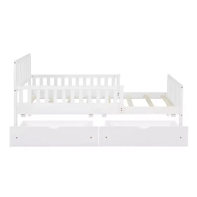Lit plateforme MAYEERTY en bois, taille double, avec garde-corps des deux côtés et deux tiroirs de rangement, blanc