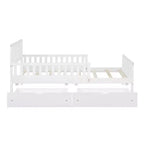 Lit plateforme MAYEERTY en bois, taille double, avec garde-corps des deux côtés et deux tiroirs de rangement, blanc