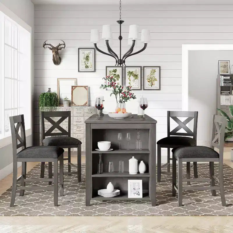 Ensemble de salle à manger 5 pièces à hauteur de comptoir pour 4 personnes, ensemble table de bar et 4 chaises en bois de style rustique pour salle à manger