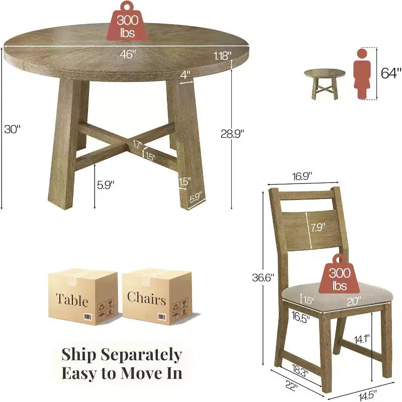 AMERLIFE Ensemble de salle à manger rond en bois massif pour 4 personnes, 5 pièces de salle à manger de style Mid-Century avec chaises rembourrées, design compact, montage facile