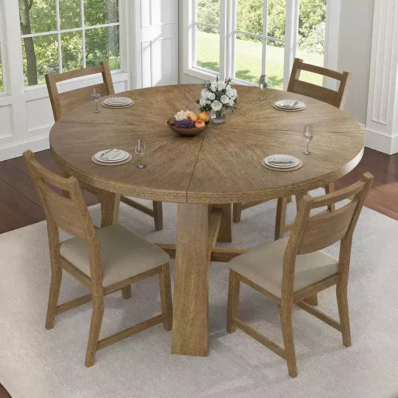 AMERLIFE Ensemble de salle à manger rond en bois massif pour 4 personnes, 5 pièces de salle à manger de style Mid-Century avec chaises rembourrées, design compact, montage facile