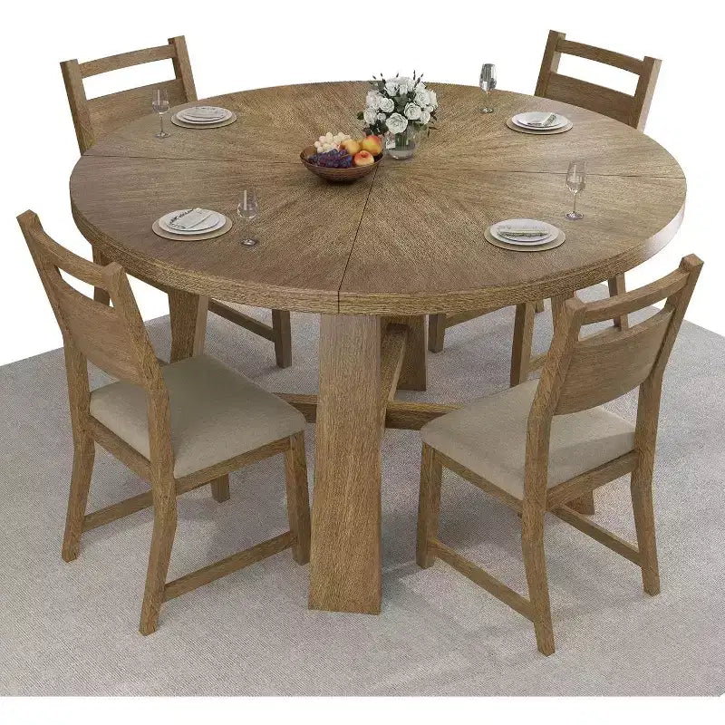 AMERLIFE Ensemble de salle à manger rond en bois massif pour 4 personnes, 5 pièces de salle à manger de style Mid-Century avec chaises rembourrées, design compact, montage facile