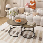 27 Round Nesting Table Set of 2, Industrial Wood-Look Tops with Sturdy Metal Frame, Space-Saving Accent End Tables, Brown