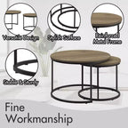 27 Ensembles de 2 tables gigognes rondes, plateaux imitation bois industriel avec cadre en métal robuste, tables d'appoint peu encombrantes, marron