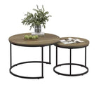 27 Ensembles de 2 tables gigognes rondes, plateaux imitation bois industriel avec cadre en métal robuste, tables d'appoint peu encombrantes, marron