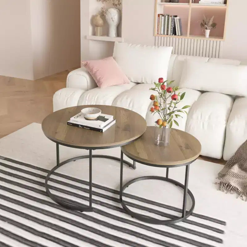 27 Ensembles de 2 tables gigognes rondes, plateaux imitation bois industriel avec cadre en métal robuste, tables d'appoint peu encombrantes, marron