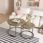 27 Ensembles de 2 tables gigognes rondes, plateaux imitation bois industriel avec cadre en métal robuste, tables d'appoint peu encombrantes, marron