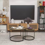 27 Ensembles de 2 tables gigognes rondes, plateaux imitation bois industriel avec cadre en métal robuste, tables d'appoint peu encombrantes, marron
