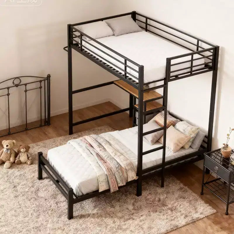 GDFStudio Benson Lit superposé moderne en métal en L avec deux lits simples, bureau et tiroirs
