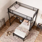 GDFStudio Benson Lit superposé moderne en métal en L avec deux lits simples, bureau et tiroirs