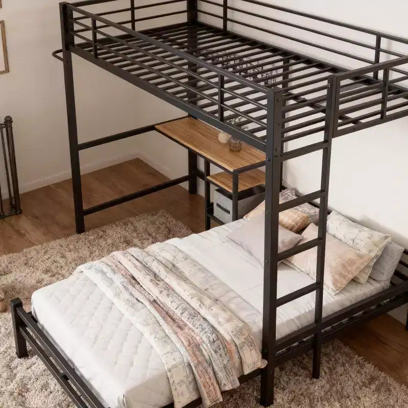 GDFStudio Benson Lit superposé moderne en métal en L avec deux lits simples, bureau et tiroirs