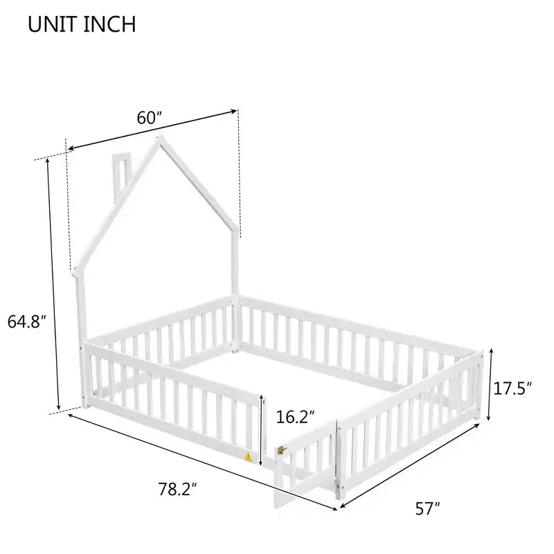 Lit cabane pleine grandeur pour enfants avec garde-corps, cadre de lit au sol en bois avec clôture pour chambre à coucher