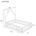 Lit cabane pleine grandeur pour enfants avec garde-corps, cadre de lit au sol en bois avec clôture pour chambre à coucher