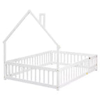 Lit cabane pleine grandeur pour enfants avec garde-corps, cadre de lit au sol en bois avec clôture pour chambre à coucher
