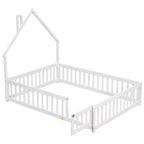 Lit cabane pleine grandeur pour enfants avec garde-corps, cadre de lit au sol en bois avec clôture pour chambre à coucher