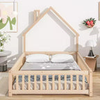 Lit cabane pleine grandeur pour enfants avec garde-corps, cadre de lit au sol en bois avec clôture pour chambre à coucher